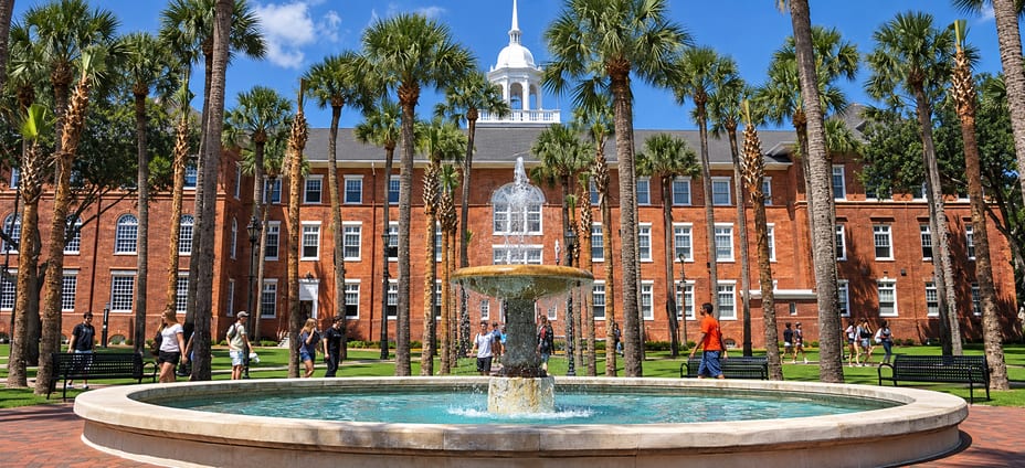 University campus with a fountain and palm trees